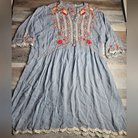 Johnny Was | Dresses | Johnny Was Dress Womens Xl Boho Blue Embroidered  Floral Scallop Lace Hem | Poshmark
